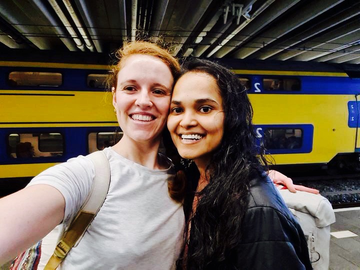 A South African and an Indian woman clicking a selfie at the Utrecht Station in Netherlands.